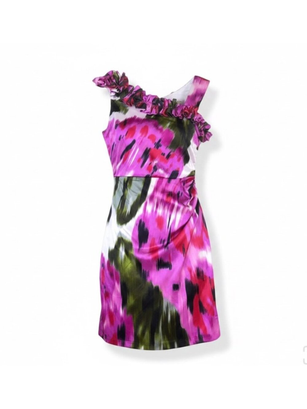 Maggy London Womens Pink/Green Asymmetrical Ruffle Floral Mini Dress Size 6
